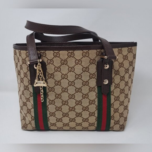 Gucci Women's GG Canvas Shelly Tote Bag Hand Bag Web Stripe Leather 137396 - Picture 1 of 16